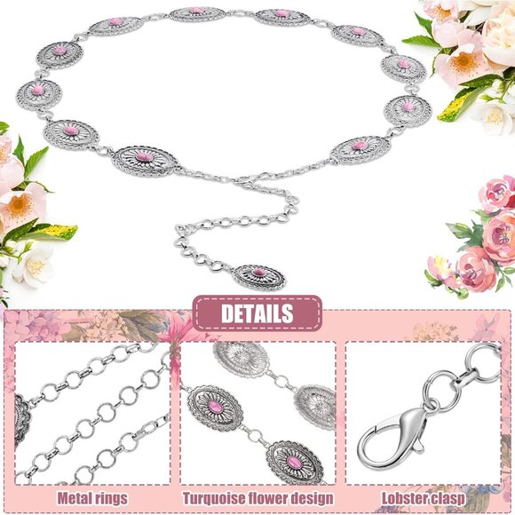 Women Pink Western Concho Chain Oval Round Flower Adjustable Metal Belt main image 4